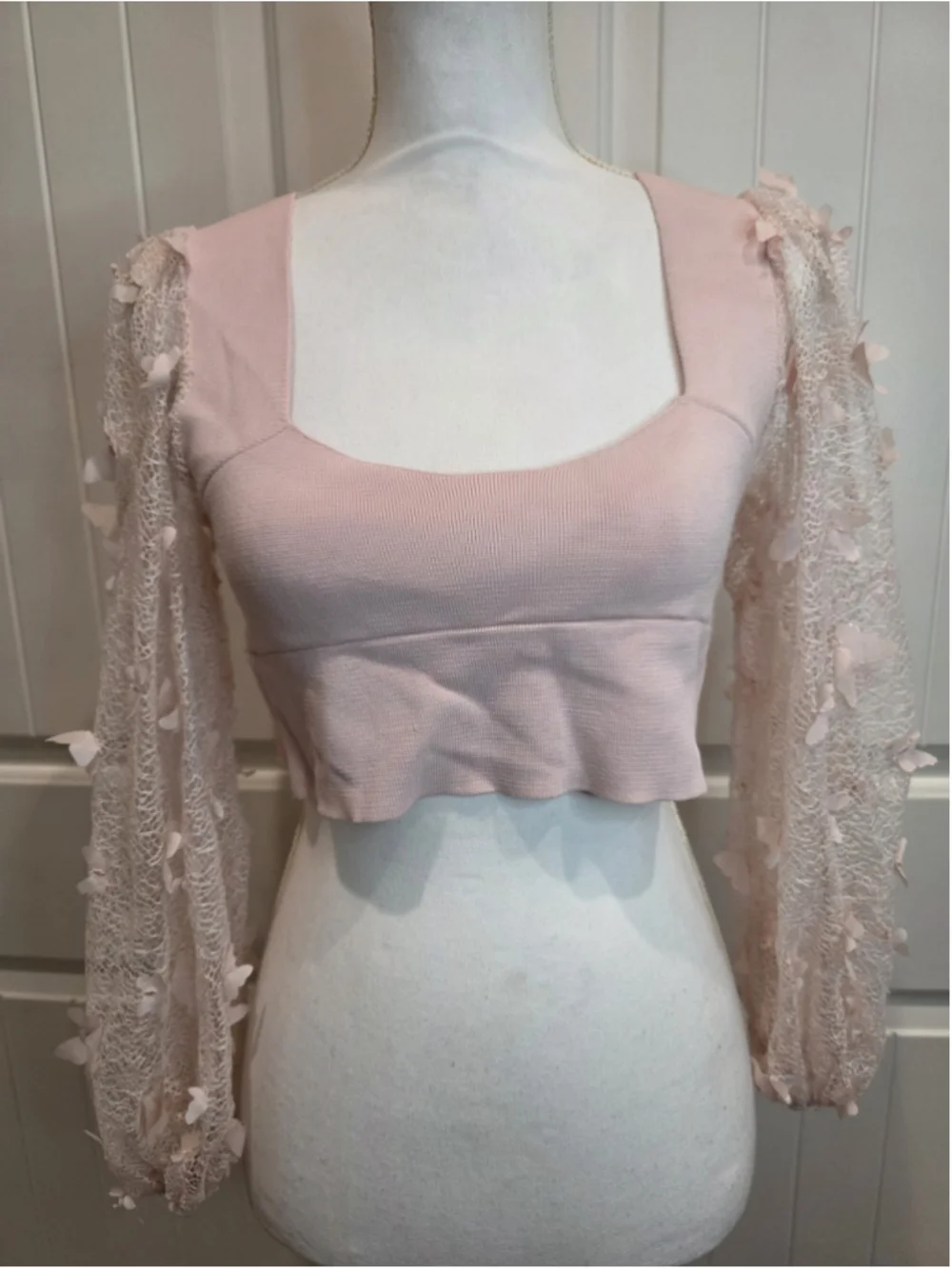 Free People Intimately Baby Pink Butterfly Lace Sleeve Crop Top Sz L Cottagecore